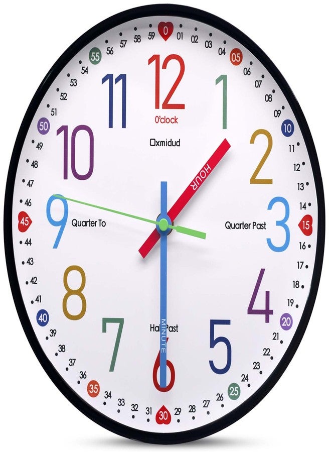 Oxmidud Learning Clock for Kids, 10'' Silent Non-Ticking Teaching to Tell Time Colorful Wall Clocks for Children's Room Bedroom Classroom Home Decor, Gifts for Christmas Birthday (Black) - Image 1